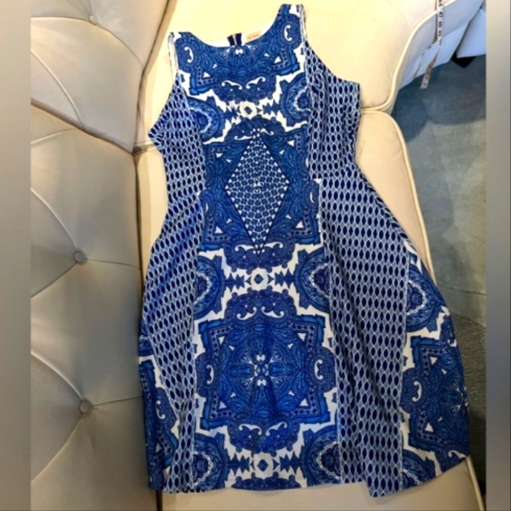Blue Tile Print Dress NWOT Size 10